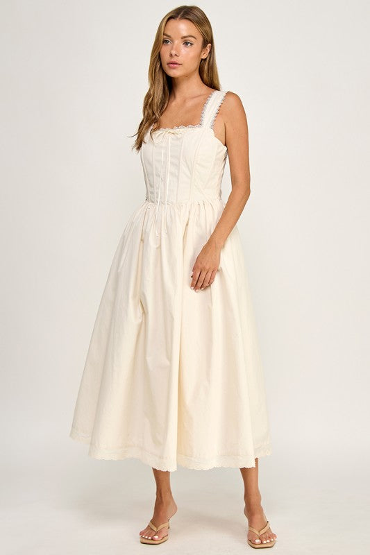D5814S Lace Trim Corset Bodice Midi Dress
