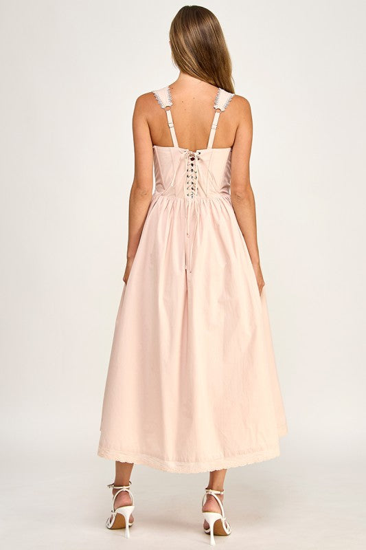 D5814S Lace Trim Corset Bodice Midi Dress