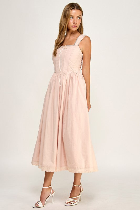D5814S Lace Trim Corset Bodice Midi Dress