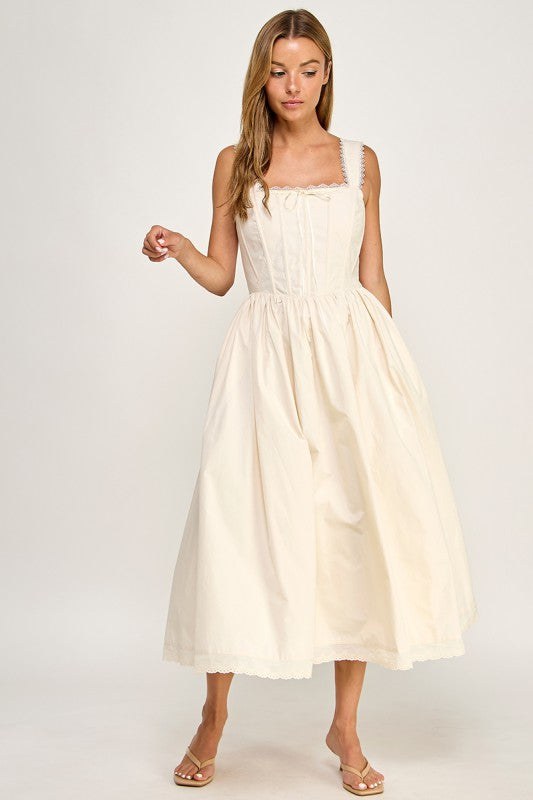 D5814S Lace Trim Corset Bodice Midi Dress