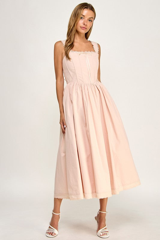 D5814S Lace Trim Corset Bodice Midi Dress