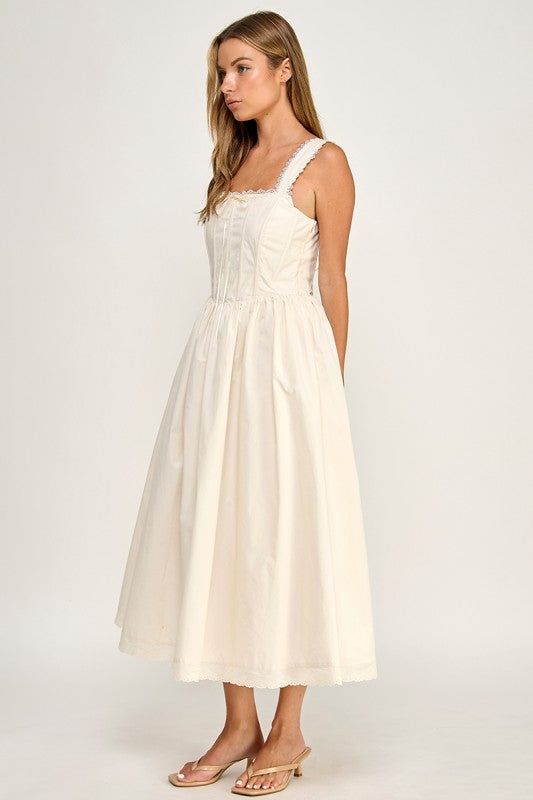 D5814S Lace Trim Corset Bodice Midi Dress