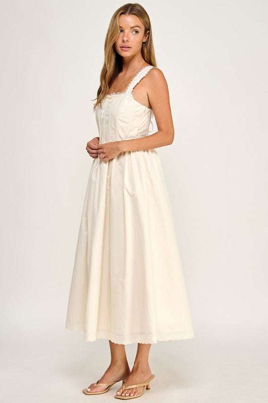 D5814S Lace Trim Corset Bodice Midi Dress