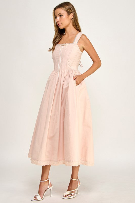 D5814S Lace Trim Corset Bodice Midi Dress