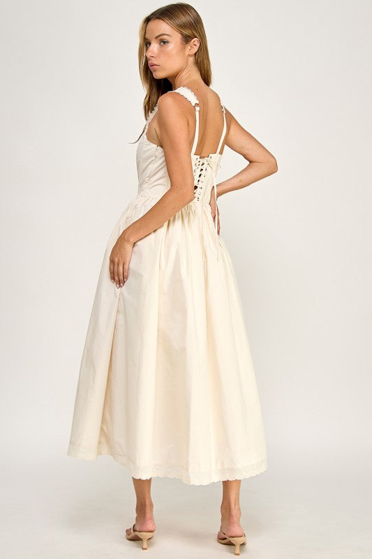 D5814S Lace Trim Corset Bodice Midi Dress