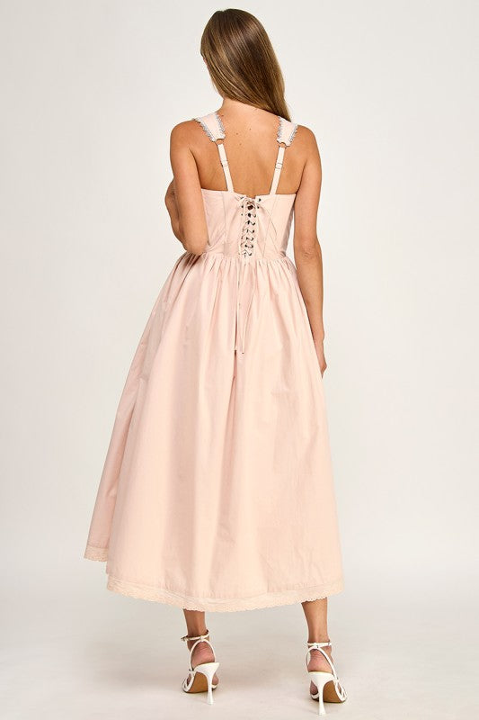 D5814S Lace Trim Corset Bodice Midi Dress