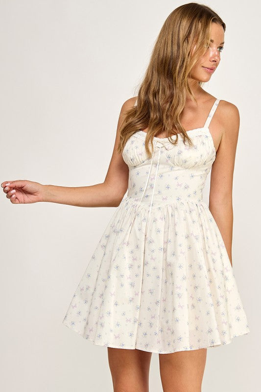 D5838 Floral Print Lace Trim Fit & Flare Mini Dress