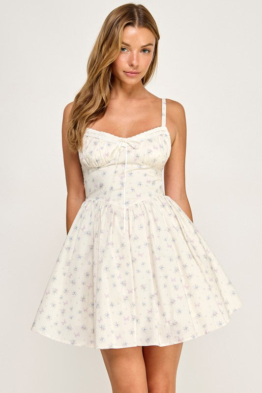 D5838 Floral Print Lace Trim Fit & Flare Mini Dress