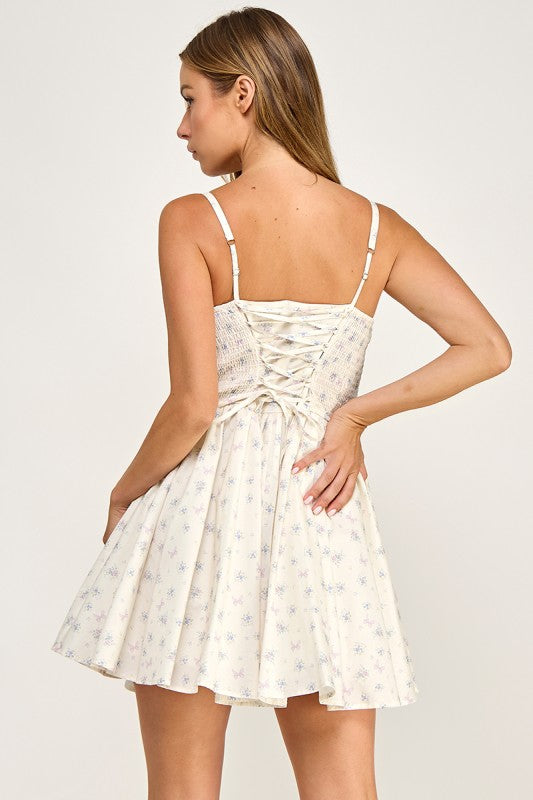 D5838 Floral Print Lace Trim Fit & Flare Mini Dress