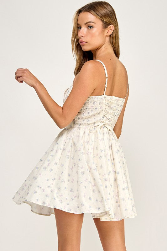 D5838 Floral Print Lace Trim Fit & Flare Mini Dress