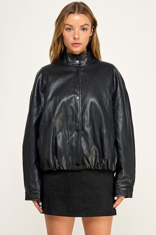 JK5770 Faux Leather Bomber Jacket