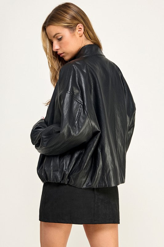 JK5770 Faux Leather Bomber Jacket