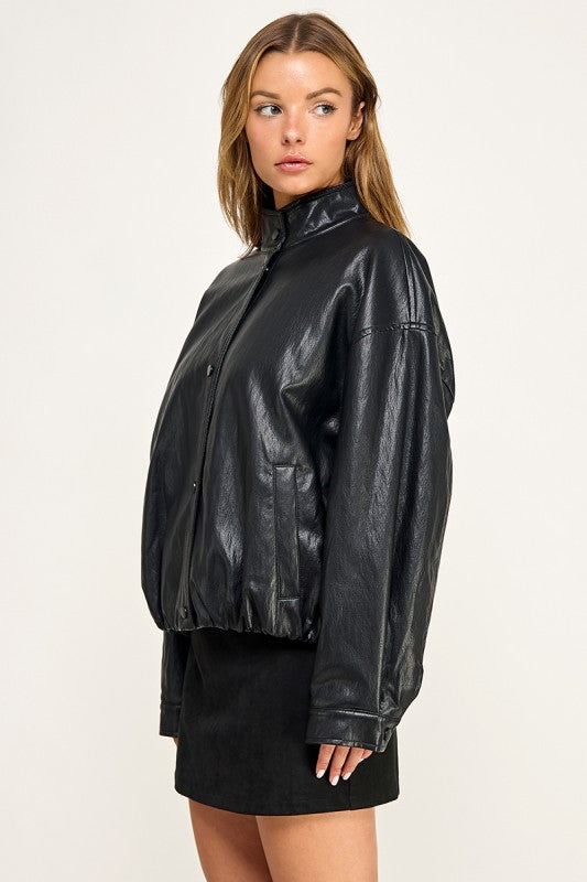 JK5770 Faux Leather Bomber Jacket