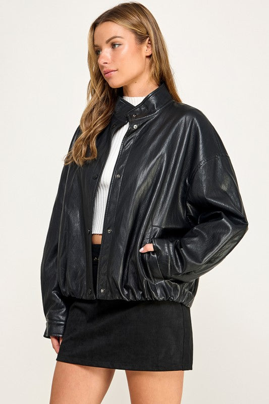 JK5770 Faux Leather Bomber Jacket