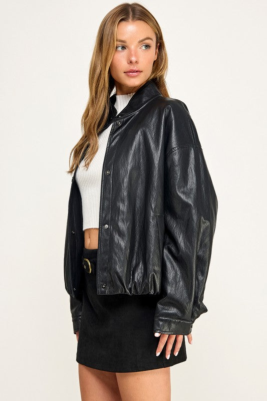 JK5770 Faux Leather Bomber Jacket