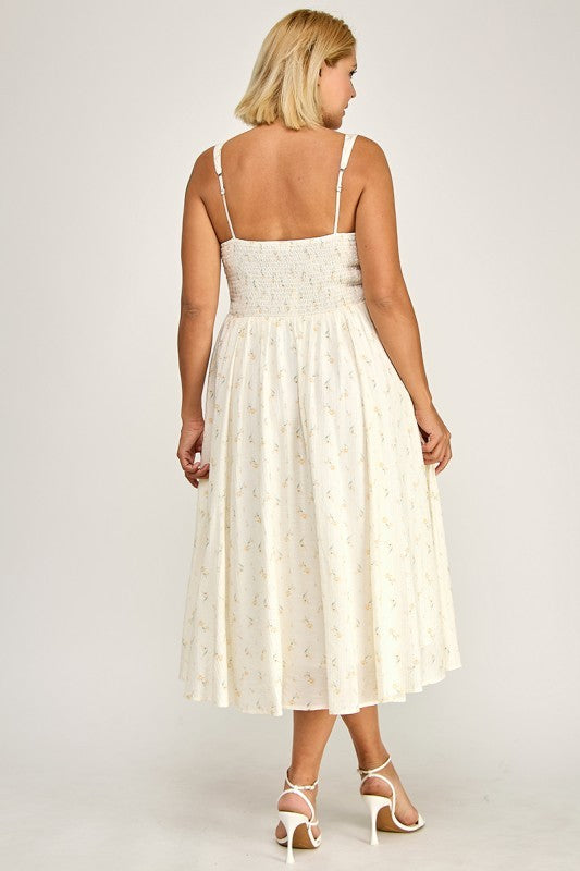 D5421SX-4 Plus-Size Tropical Leaf Print Square Neck Midi Dress