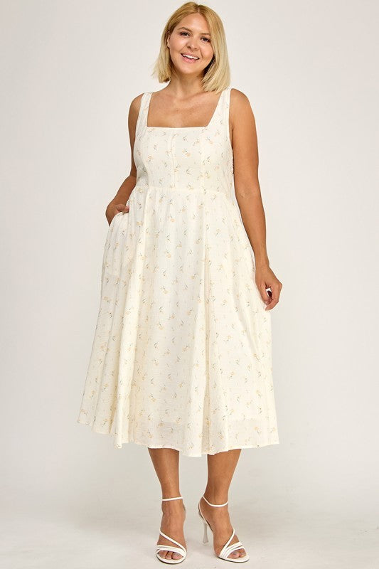 D5421SX-4 Plus-Size Tropical Leaf Print Square Neck Midi Dress