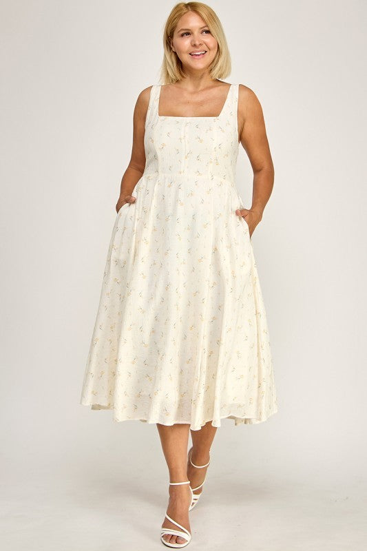 D5421SX-4 Plus-Size Tropical Leaf Print Square Neck Midi Dress