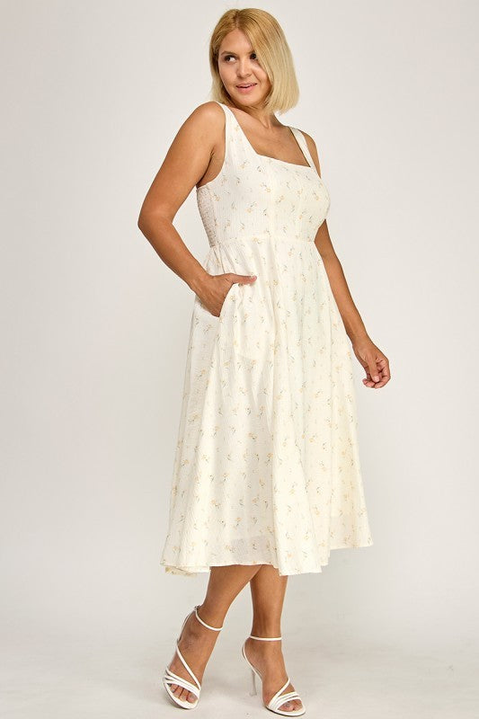 D5421SX-4 Plus-Size Tropical Leaf Print Square Neck Midi Dress