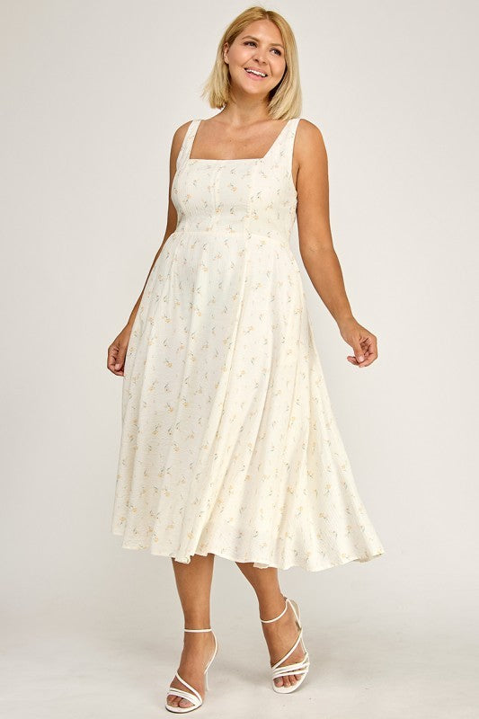 D5421SX-4 Plus-Size Tropical Leaf Print Square Neck Midi Dress