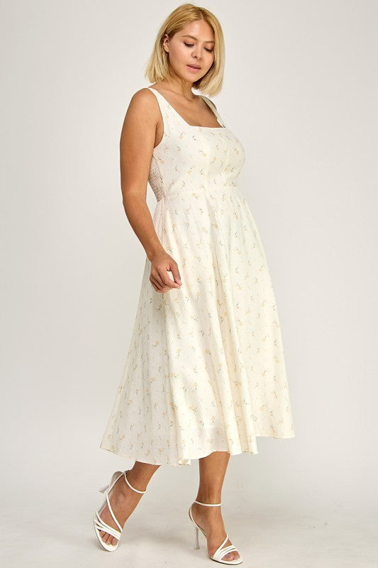 D5421SX-4 Plus-Size Tropical Leaf Print Square Neck Midi Dress