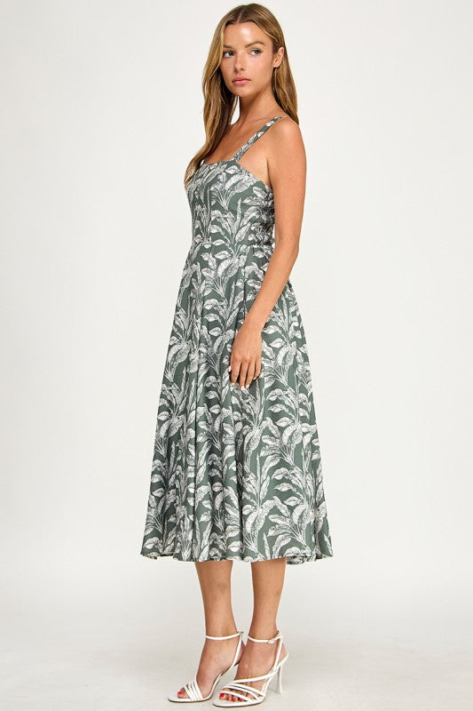 D5527Y-1 Tropical Leaf Print Spaghetti Strap Midi Dress
