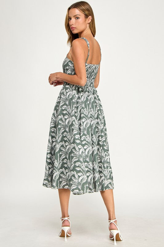 D5527Y-1 Tropical Leaf Print Spaghetti Strap Midi Dress