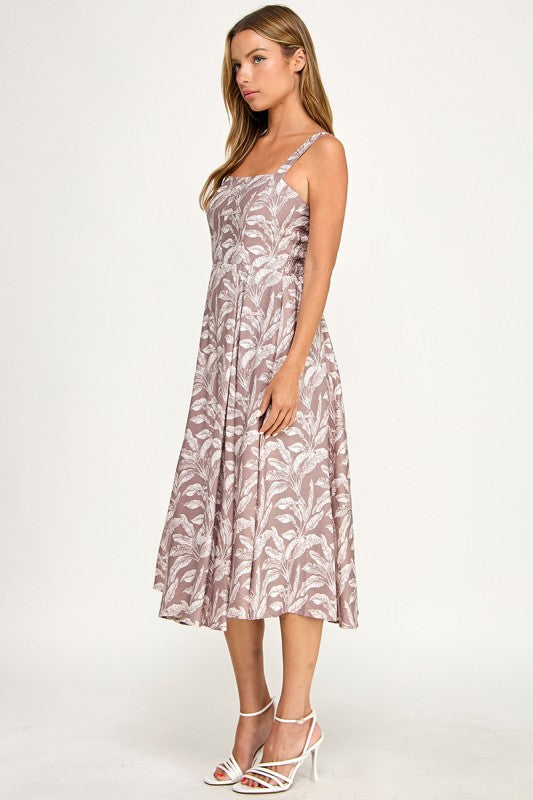 D5527Y-1 Tropical Leaf Print Spaghetti Strap Midi Dress