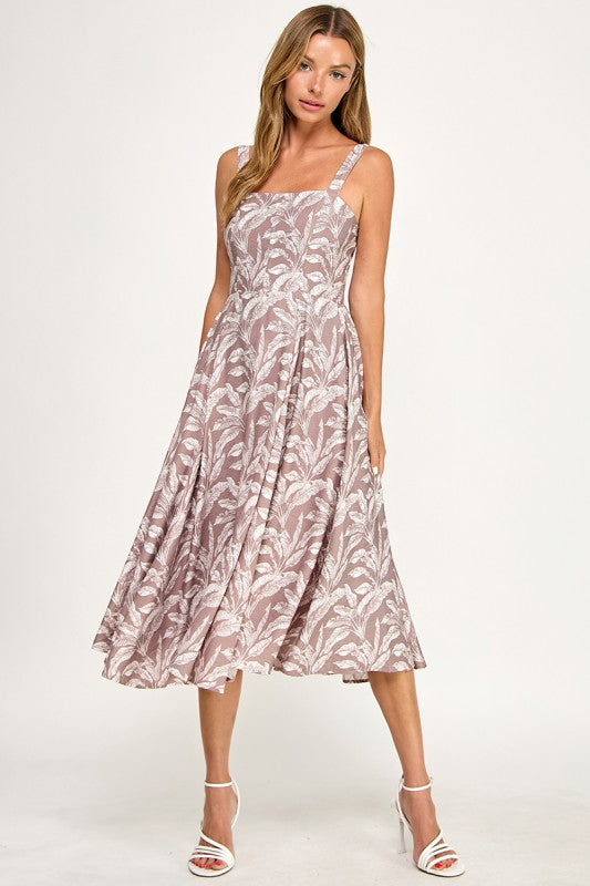 D5527Y-1 Tropical Leaf Print Spaghetti Strap Midi Dress