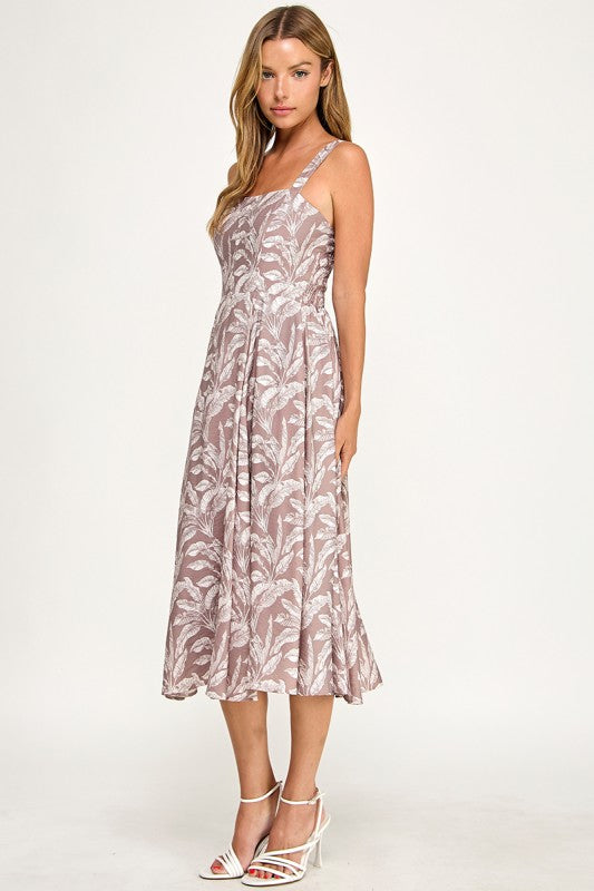 D5527Y-1 Tropical Leaf Print Spaghetti Strap Midi Dress