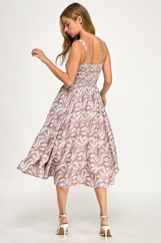 D5527Y-1 Tropical Leaf Print Spaghetti Strap Midi Dress