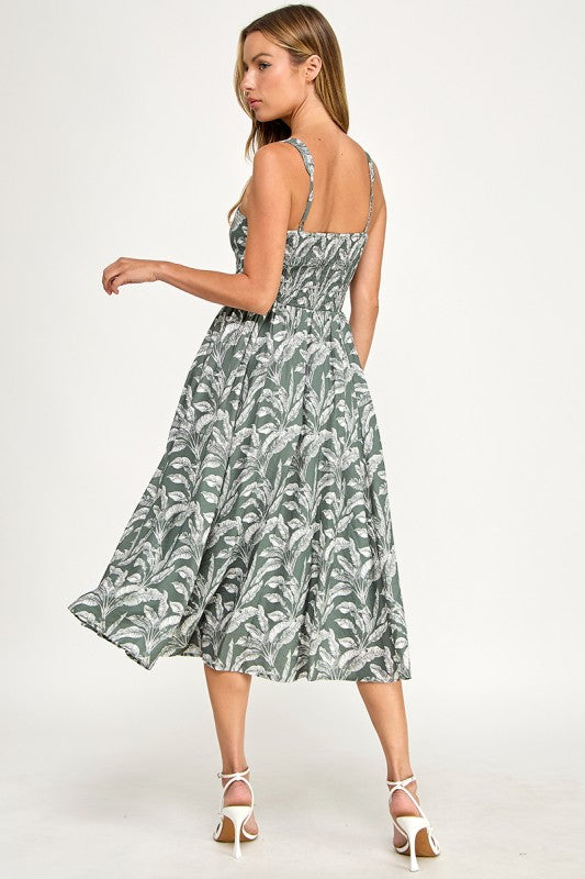 D5527Y-1 Tropical Leaf Print Spaghetti Strap Midi Dress