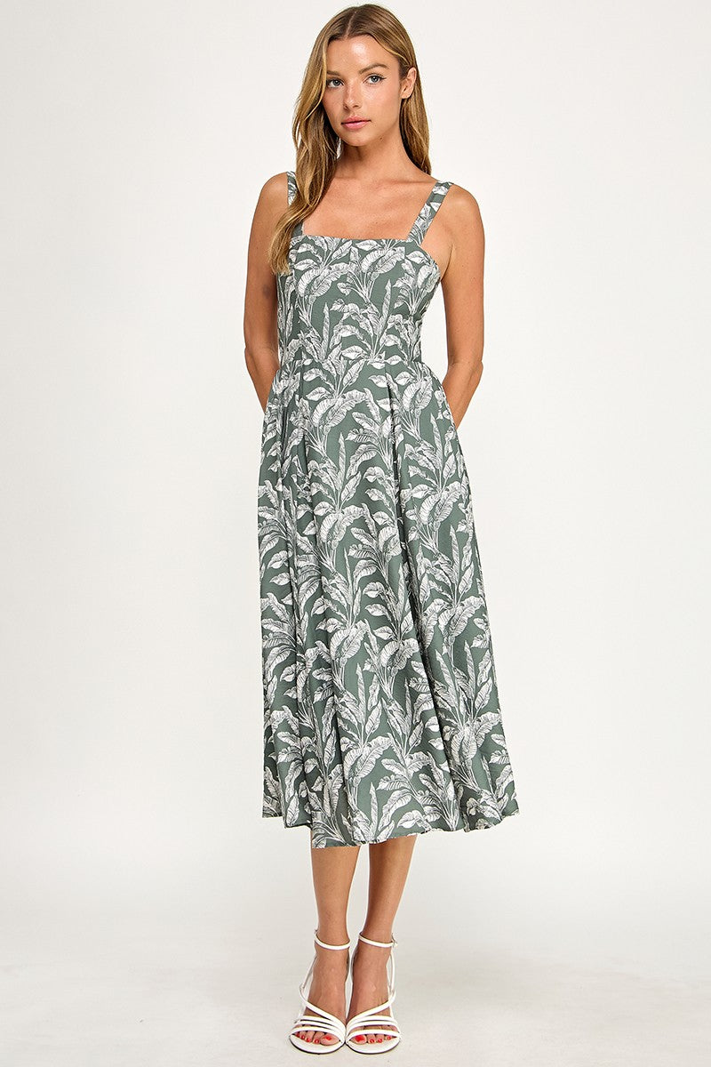 D5527Y-1 Tropical Leaf Print Spaghetti Strap Midi Dress