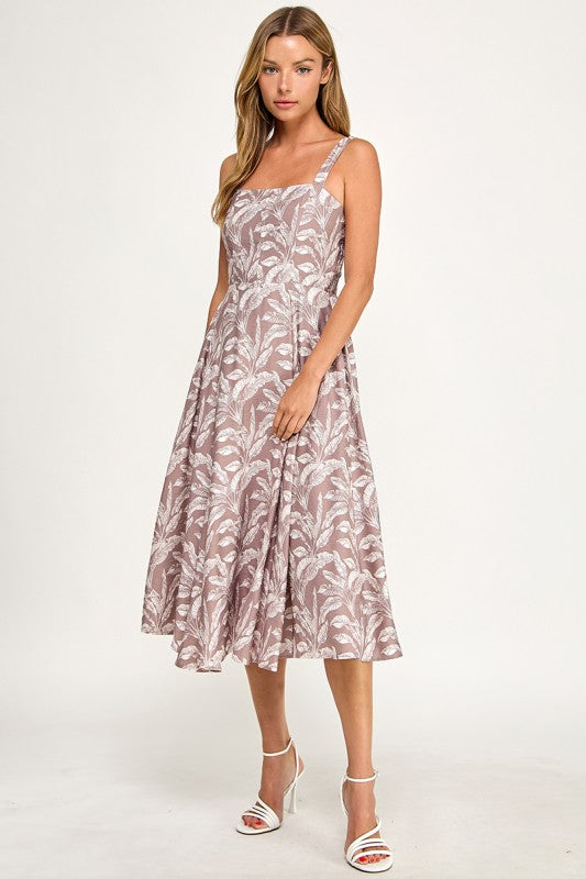 D5527Y-1 Tropical Leaf Print Spaghetti Strap Midi Dress