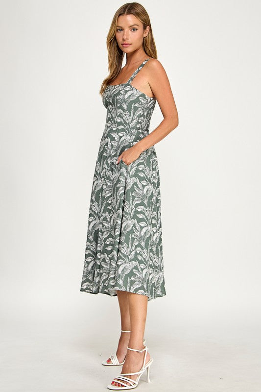 D5527Y-1 Tropical Leaf Print Spaghetti Strap Midi Dress