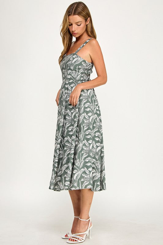 D5527Y-1 Tropical Leaf Print Spaghetti Strap Midi Dress