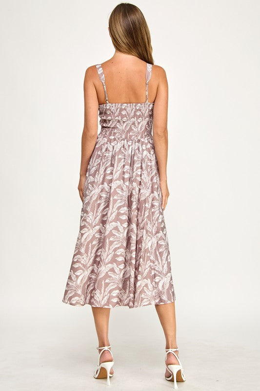D5527Y-1 Tropical Leaf Print Spaghetti Strap Midi Dress