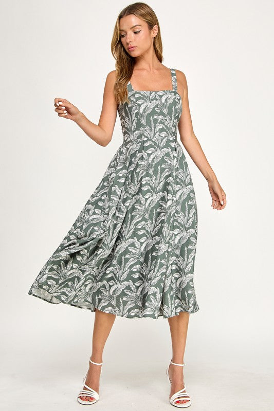 D5527Y-1 Tropical Leaf Print Spaghetti Strap Midi Dress