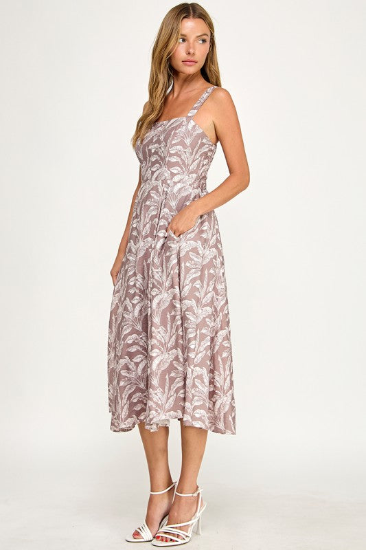 D5527Y-1 Tropical Leaf Print Spaghetti Strap Midi Dress