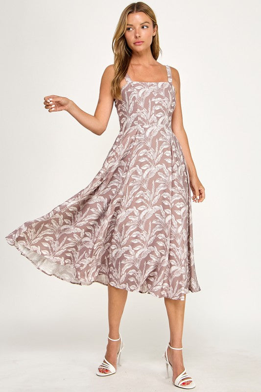D5527Y-1 Tropical Leaf Print Spaghetti Strap Midi Dress