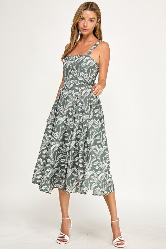D5527Y-1 Tropical Leaf Print Spaghetti Strap Midi Dress