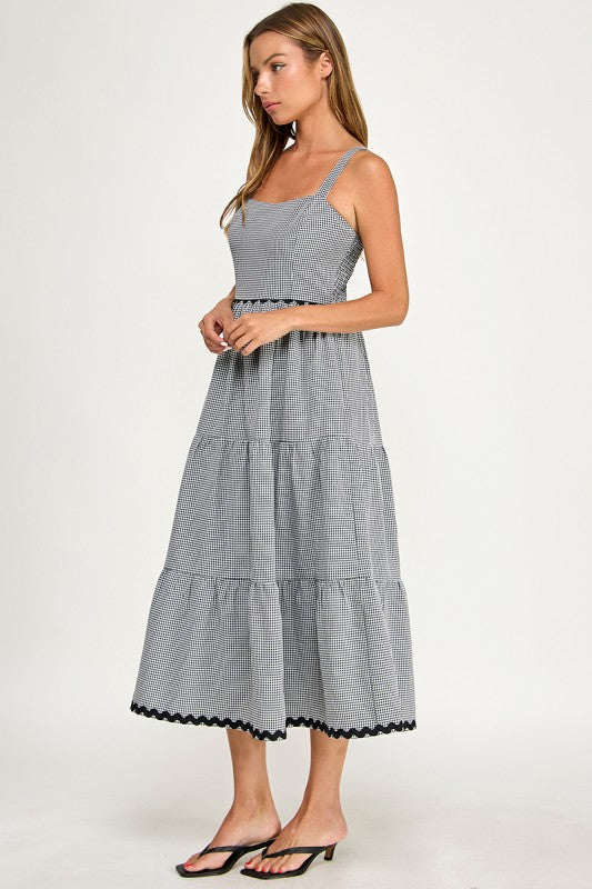 D5657-1 Gingham Square Neck Contrast Trim Midi Dress