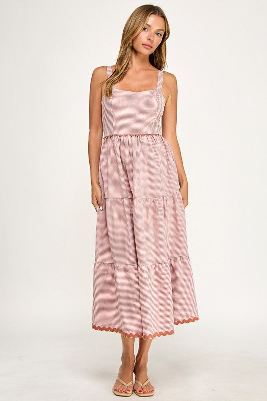 D5657-1 Gingham Square Neck Contrast Trim Midi Dress