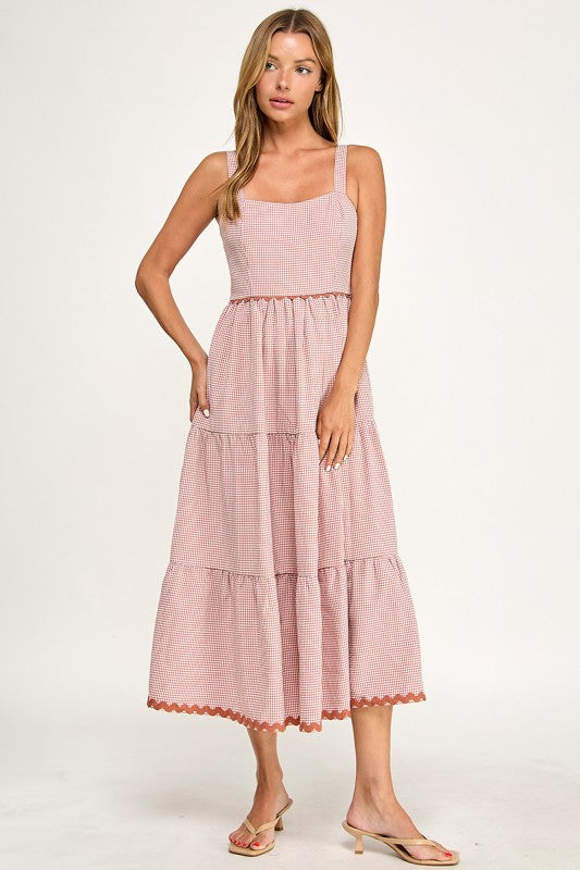 D5657-1 Gingham Square Neck Contrast Trim Midi Dress