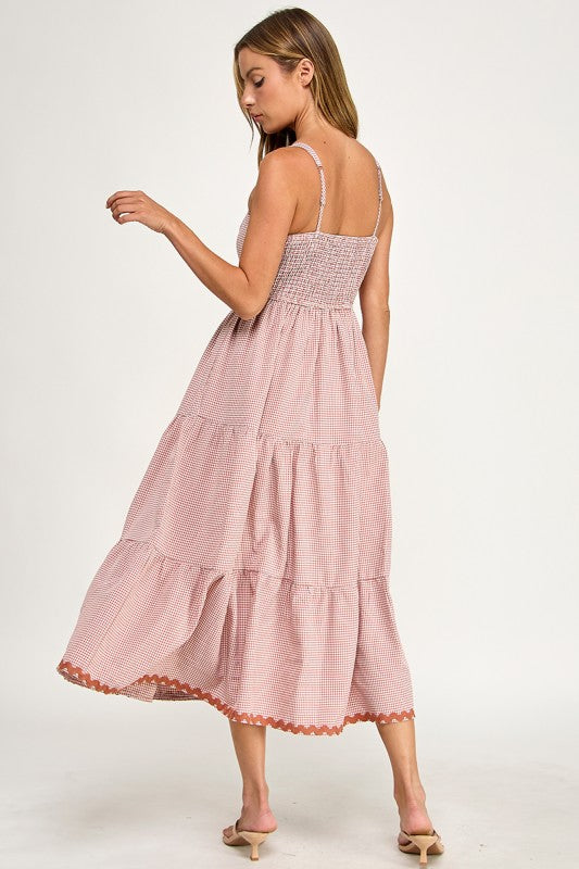 D5657-1 Gingham Square Neck Contrast Trim Midi Dress