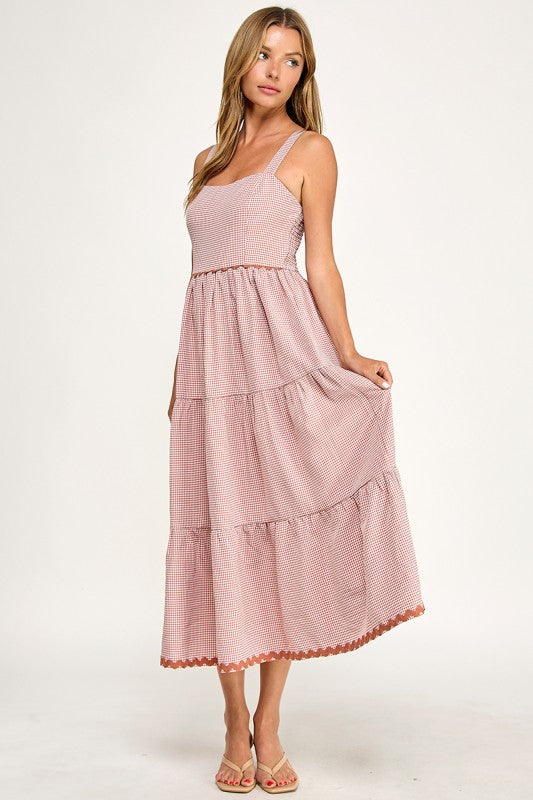 D5657-1 Gingham Square Neck Contrast Trim Midi Dress