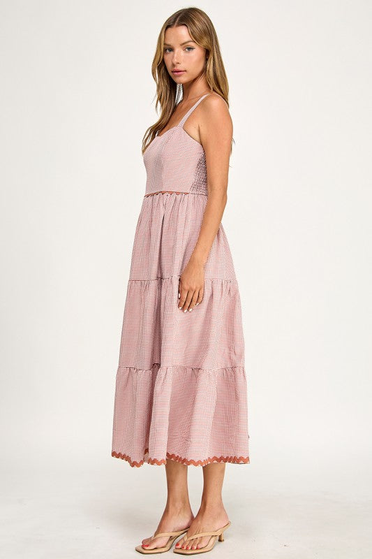 D5657-1 Gingham Square Neck Contrast Trim Midi Dress