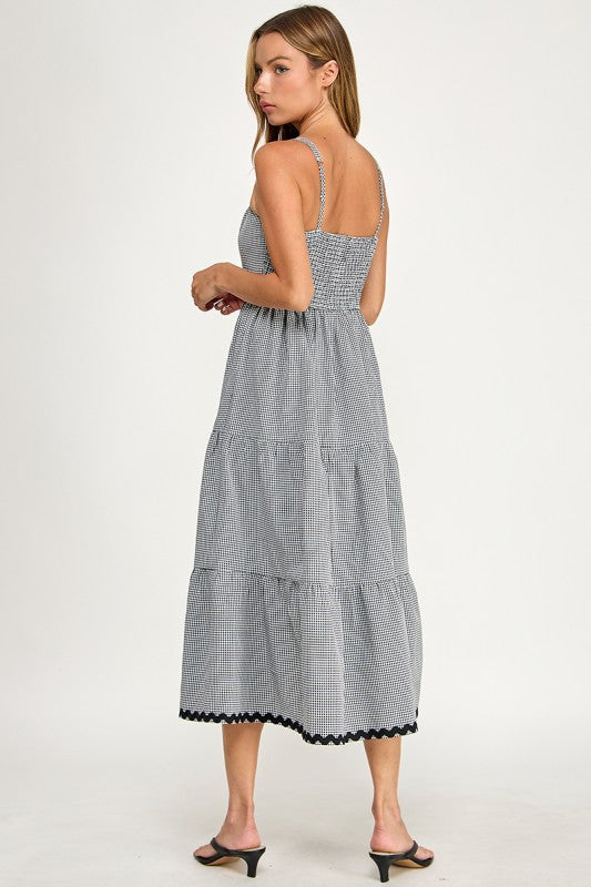 D5657-1 Gingham Square Neck Contrast Trim Midi Dress