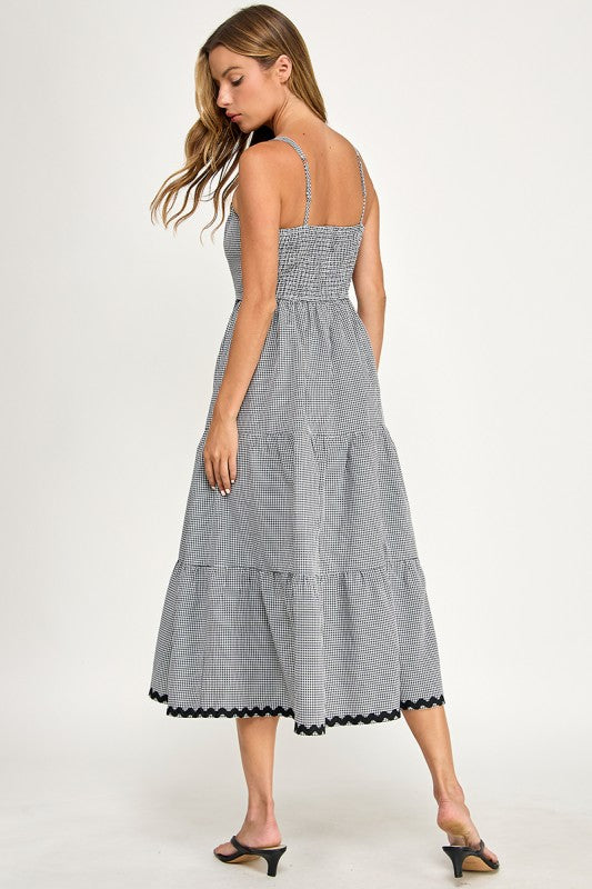 D5657-1 Gingham Square Neck Contrast Trim Midi Dress