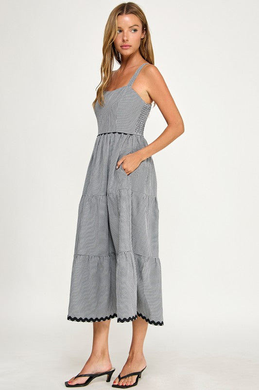 D5657-1 Gingham Square Neck Contrast Trim Midi Dress